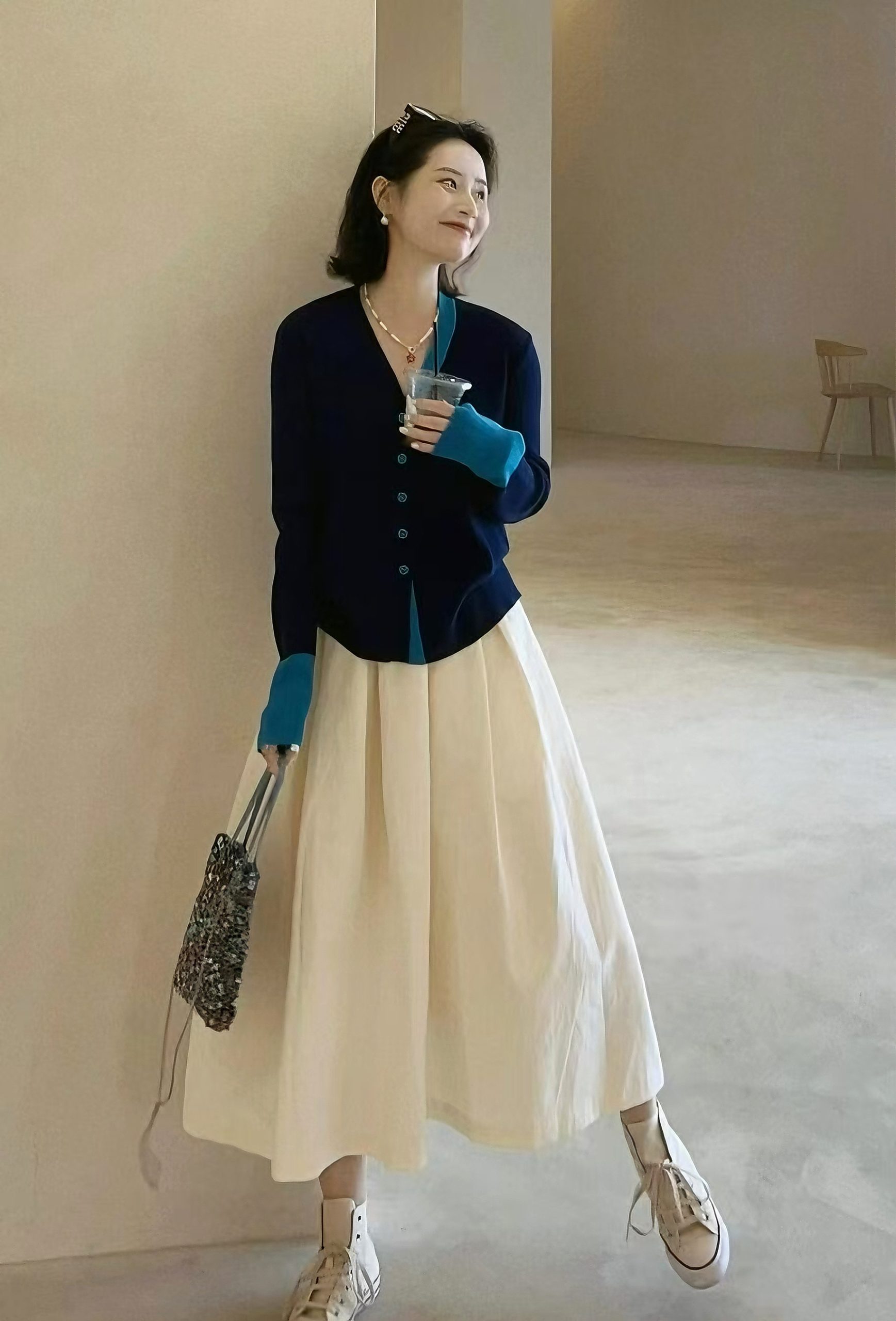 韓系套裝 V領撞色拼接針織上衣+白色半身長裙