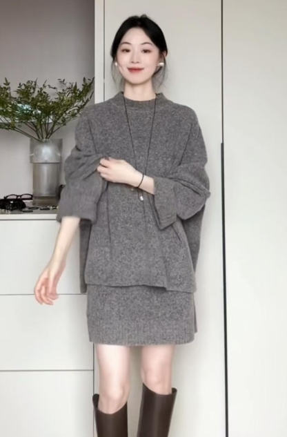 【現貨】韓系針織上衣+半裙  灰色/杏色套裝 淑女名媛穿搭 輕熟風 1099/套免運到家 虧本清倉