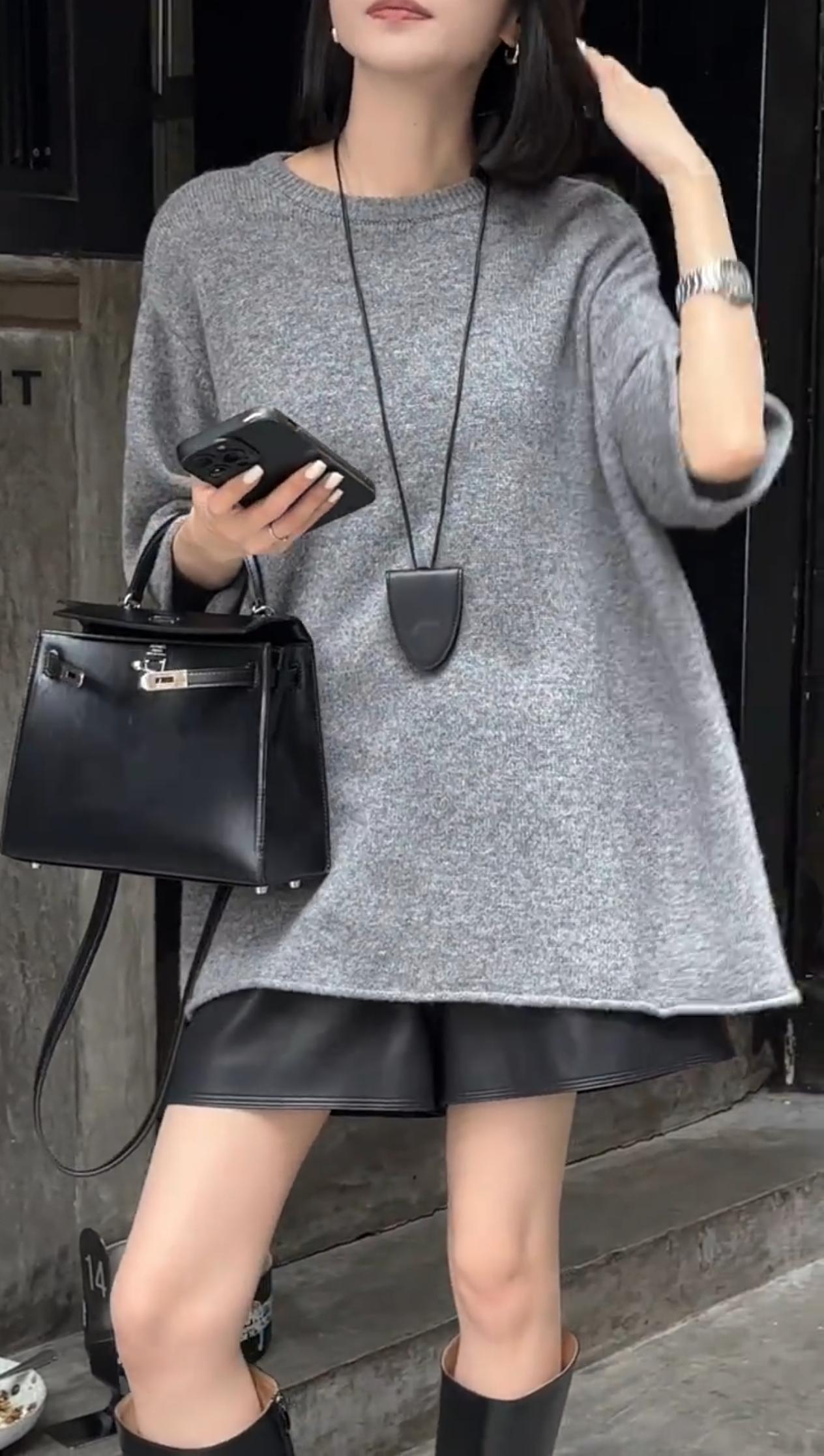 【現貨】慵懶風春秋兩件套 五分袖針織衫女 外穿高腰顯瘦皮短褲 純色毛衣黑色皮褲