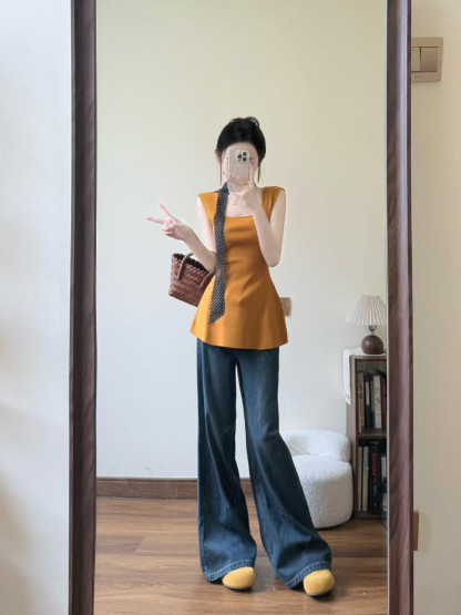 天絲面料 法式獨特黃色上衣長褲套裝 夏季外穿背心 高腰顯瘦喇叭牛仔褲