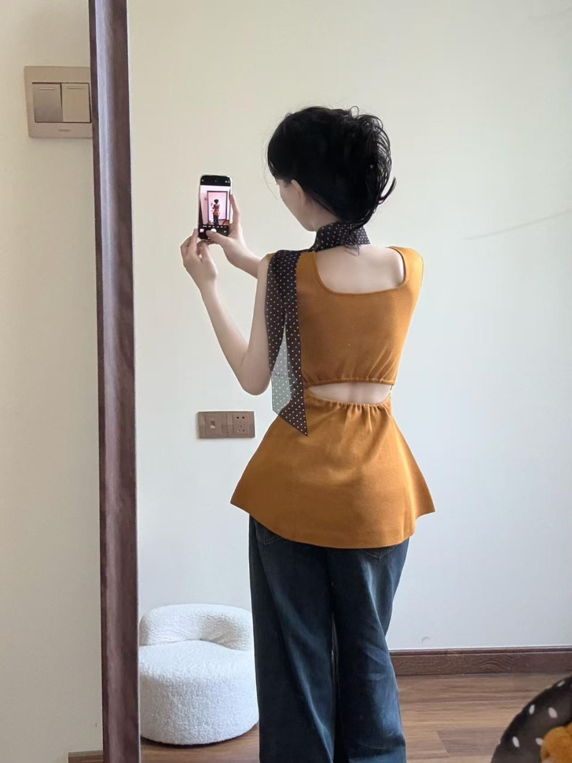 天絲面料 法式獨特黃色上衣長褲套裝 夏季外穿背心 高腰顯瘦喇叭牛仔褲