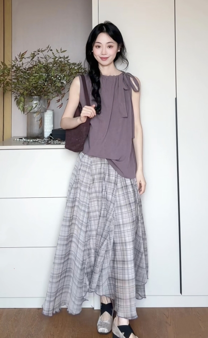 夏季韓系穿搭一整套 紫色無袖綁帶上衣 格子半身裙 兩件套