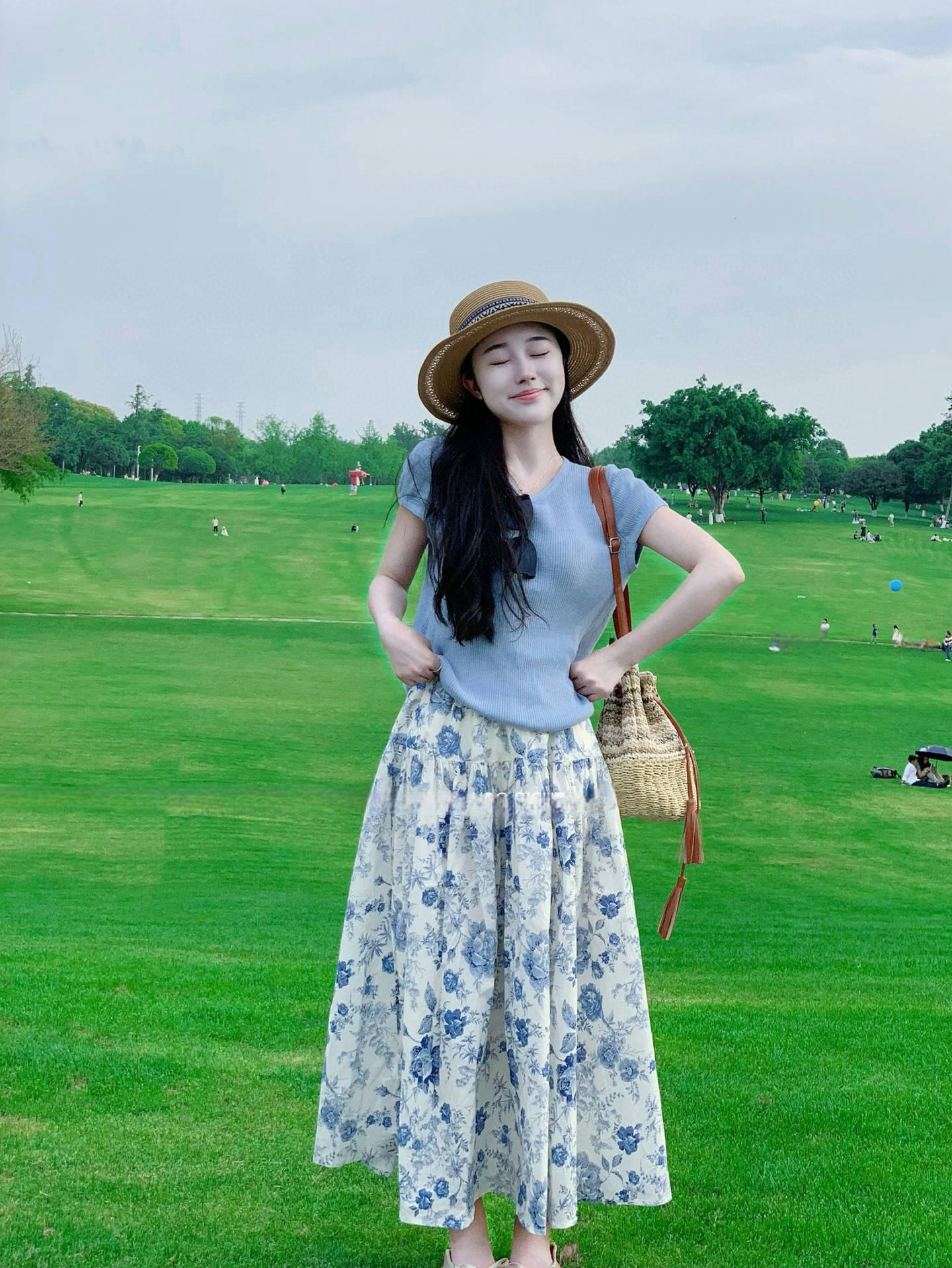 法式復古水墨畫碎花半身裙+冰絲針織上衣兩件套 夏季休閒套裝