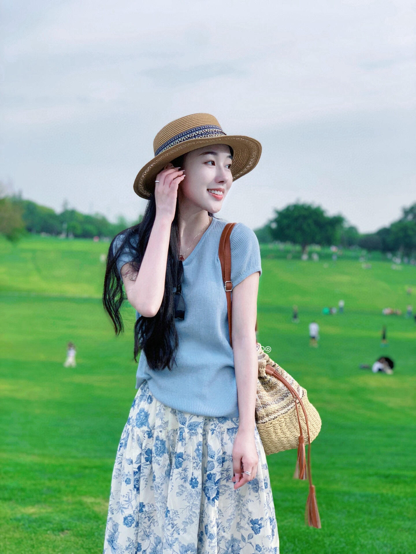 法式復古水墨畫碎花半身裙+冰絲針織上衣兩件套 夏季休閒套裝