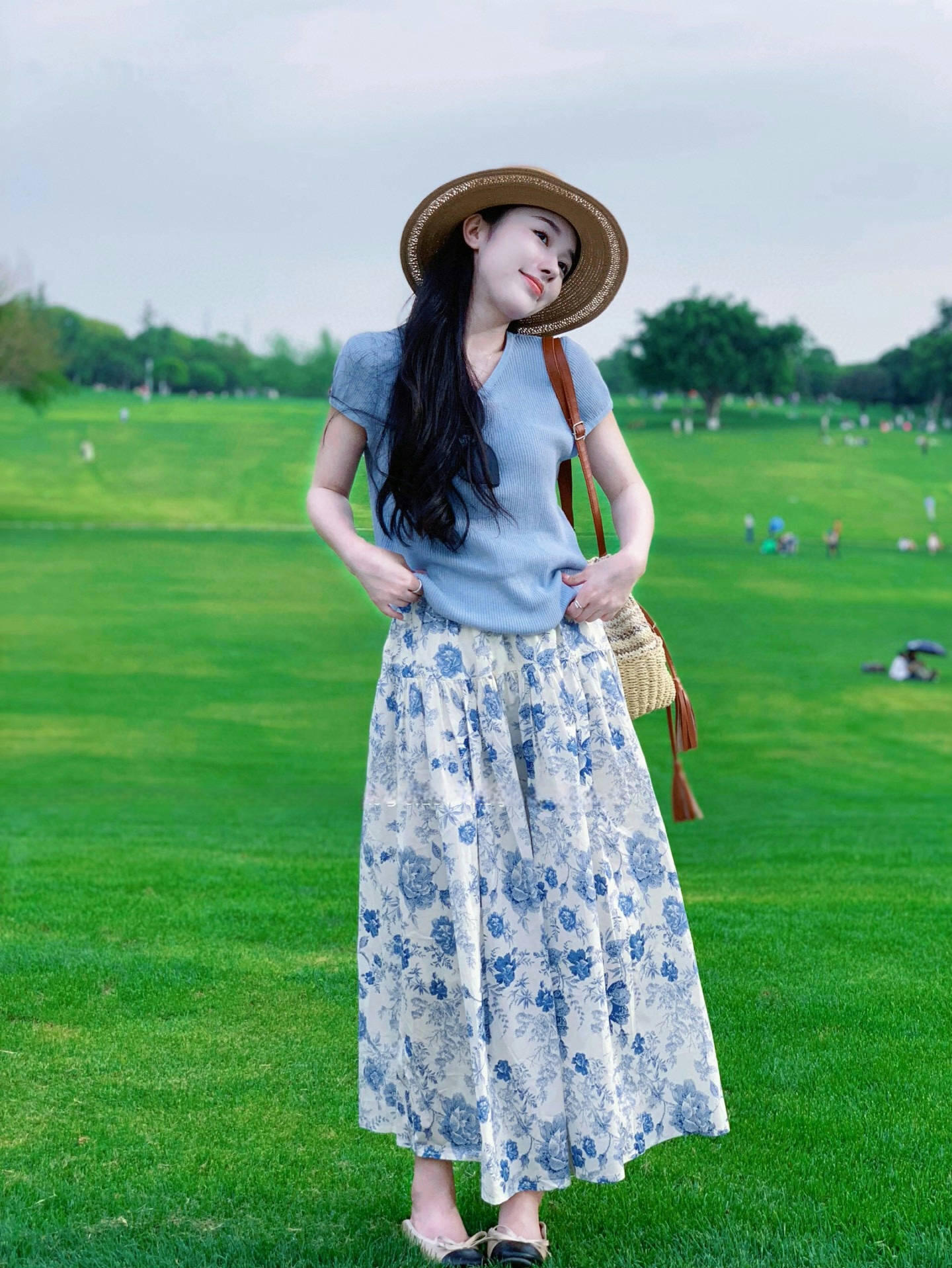 法式復古水墨畫碎花半身裙+冰絲針織上衣兩件套 夏季休閒套裝