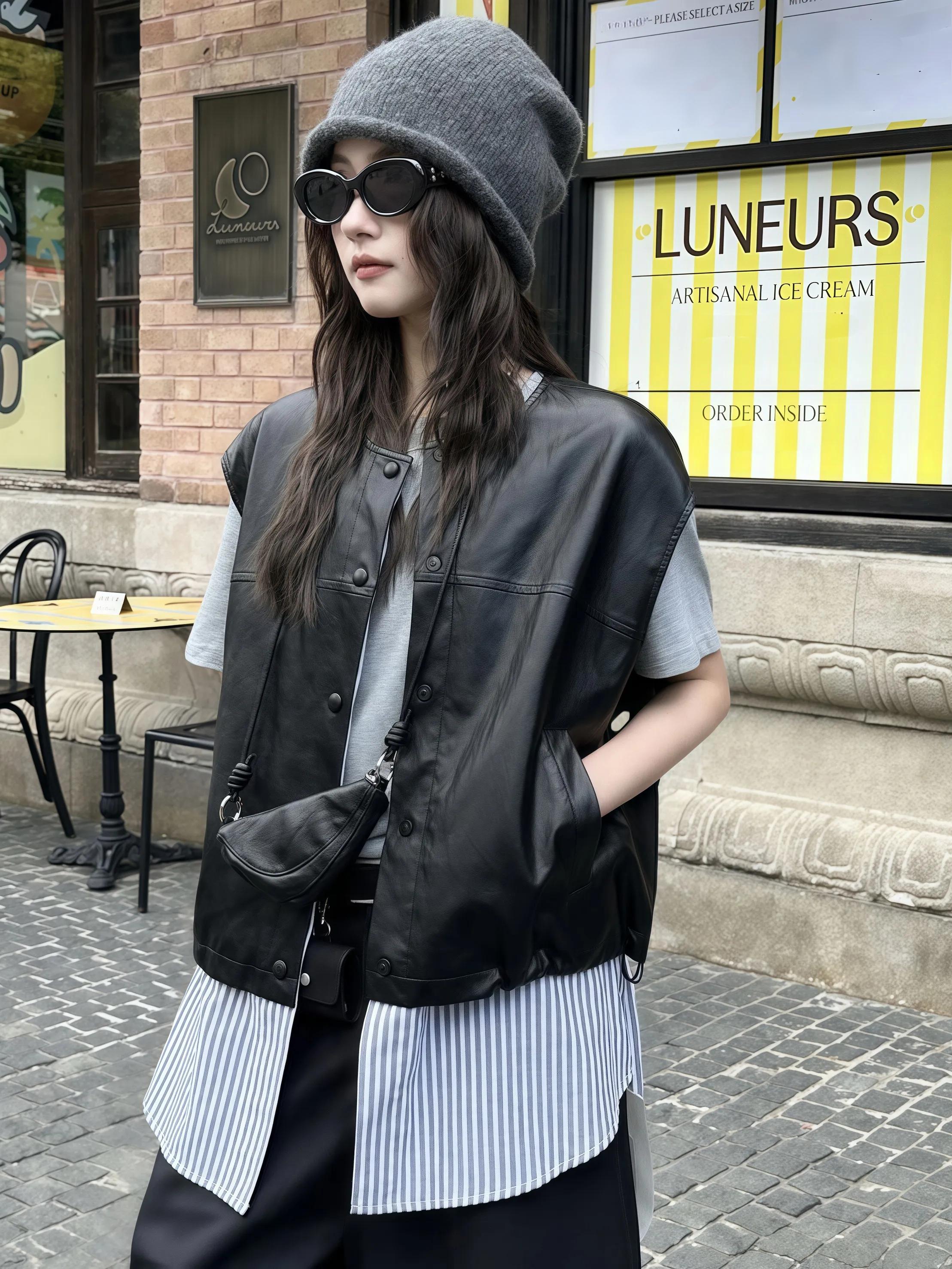 假兩件條紋拼接皮質背心｜韓系寬鬆外套