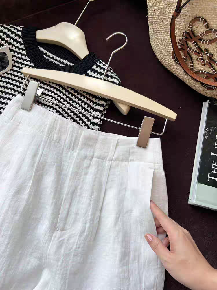 闊腿棉麻白色短褲 