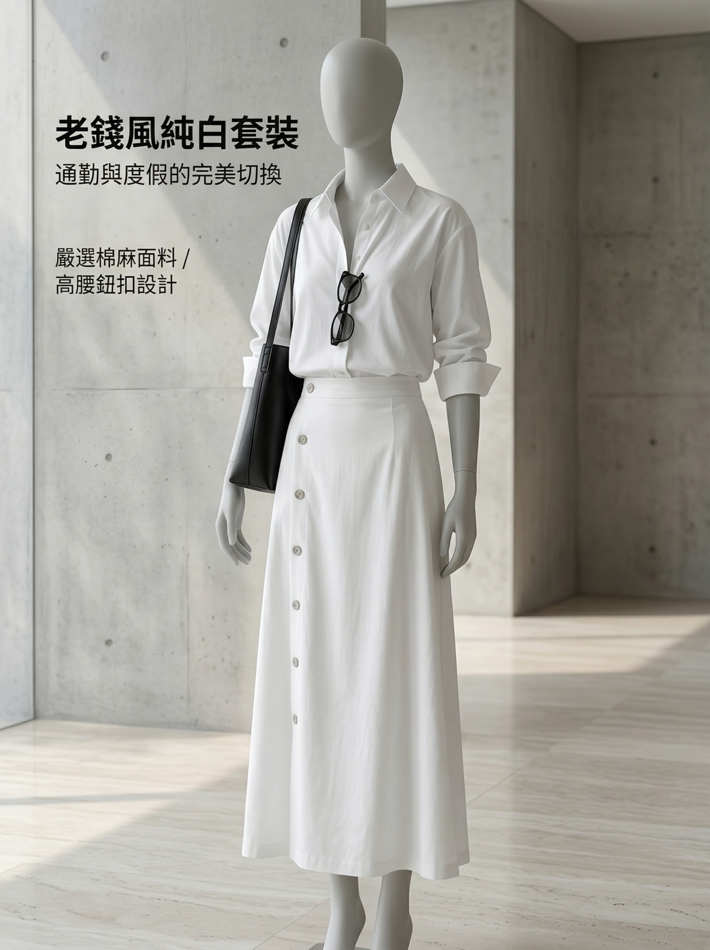 法式老錢風純白套裝｜棉麻長袖防晒襯衫｜紐扣高腰半身裙