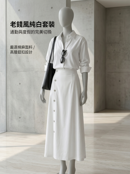法式老錢風純白套裝｜棉麻長袖防晒襯衫｜紐扣高腰半身裙