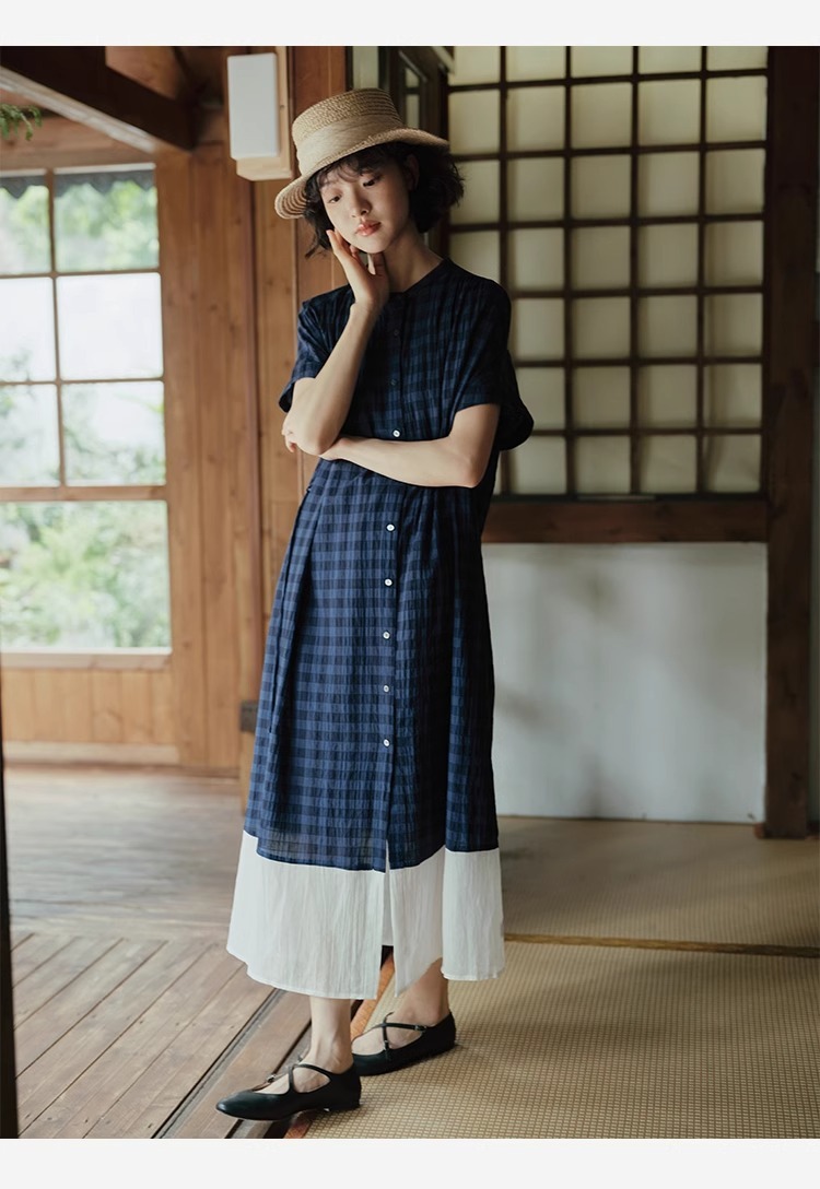 【現貨】日系格子圓領拼接連衣裙 休閒鬆弛感