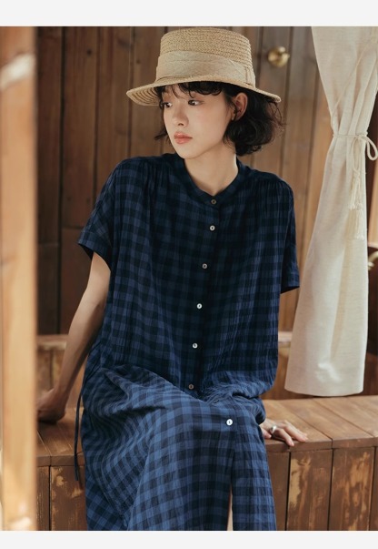 【現貨】日系格子圓領拼接連衣裙 休閒鬆弛感