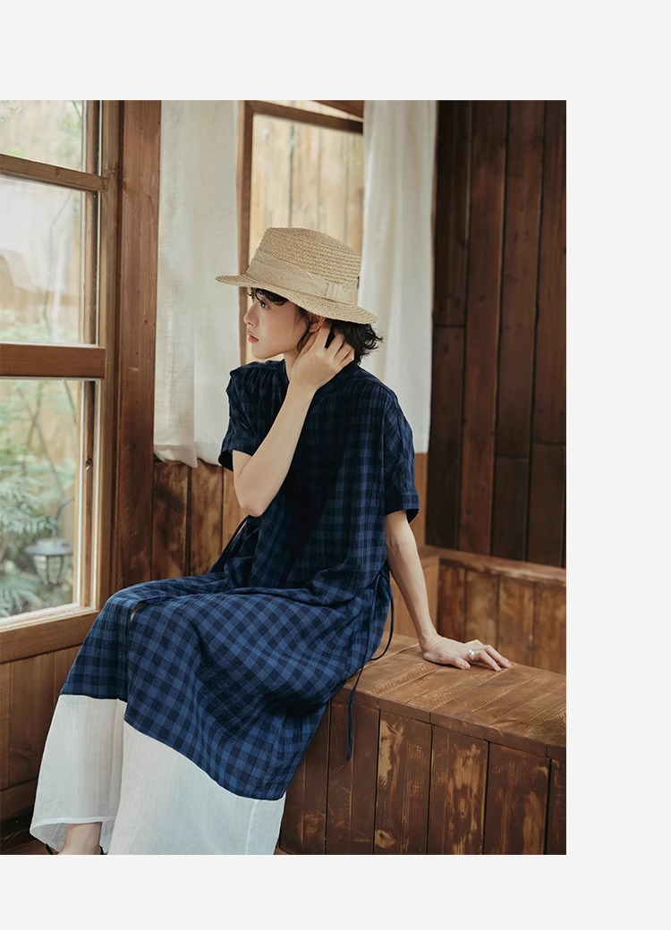 【現貨】日系格子圓領拼接連衣裙 休閒鬆弛感