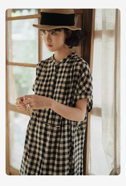 【現貨】日系格子圓領拼接連衣裙 休閒鬆弛感