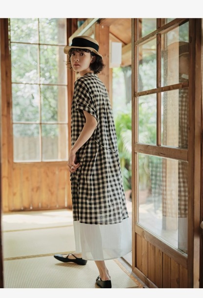 【現貨】日系格子圓領拼接連衣裙 休閒鬆弛感