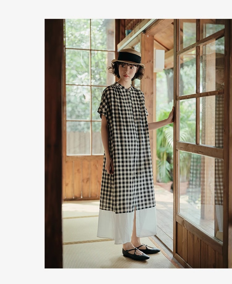 【現貨】日系格子圓領拼接連衣裙 休閒鬆弛感