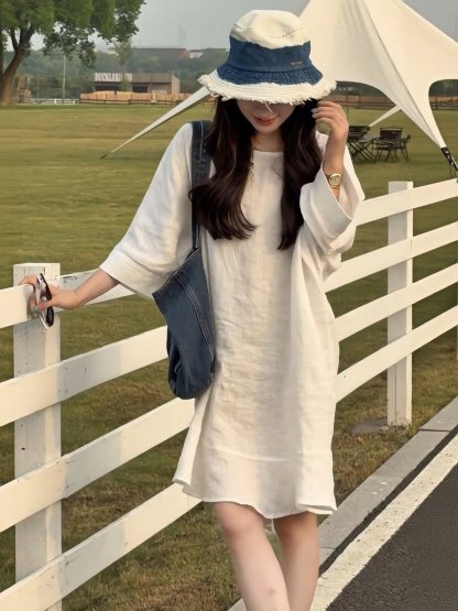 法式慵懶鬆弛感洋裝｜棉麻半袖連身裙｜夏季高級感休閒裙子