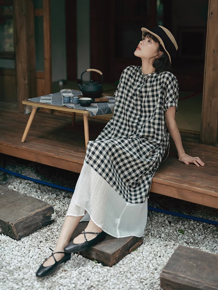 【現貨】日系格子圓領拼接連衣裙 休閒鬆弛感