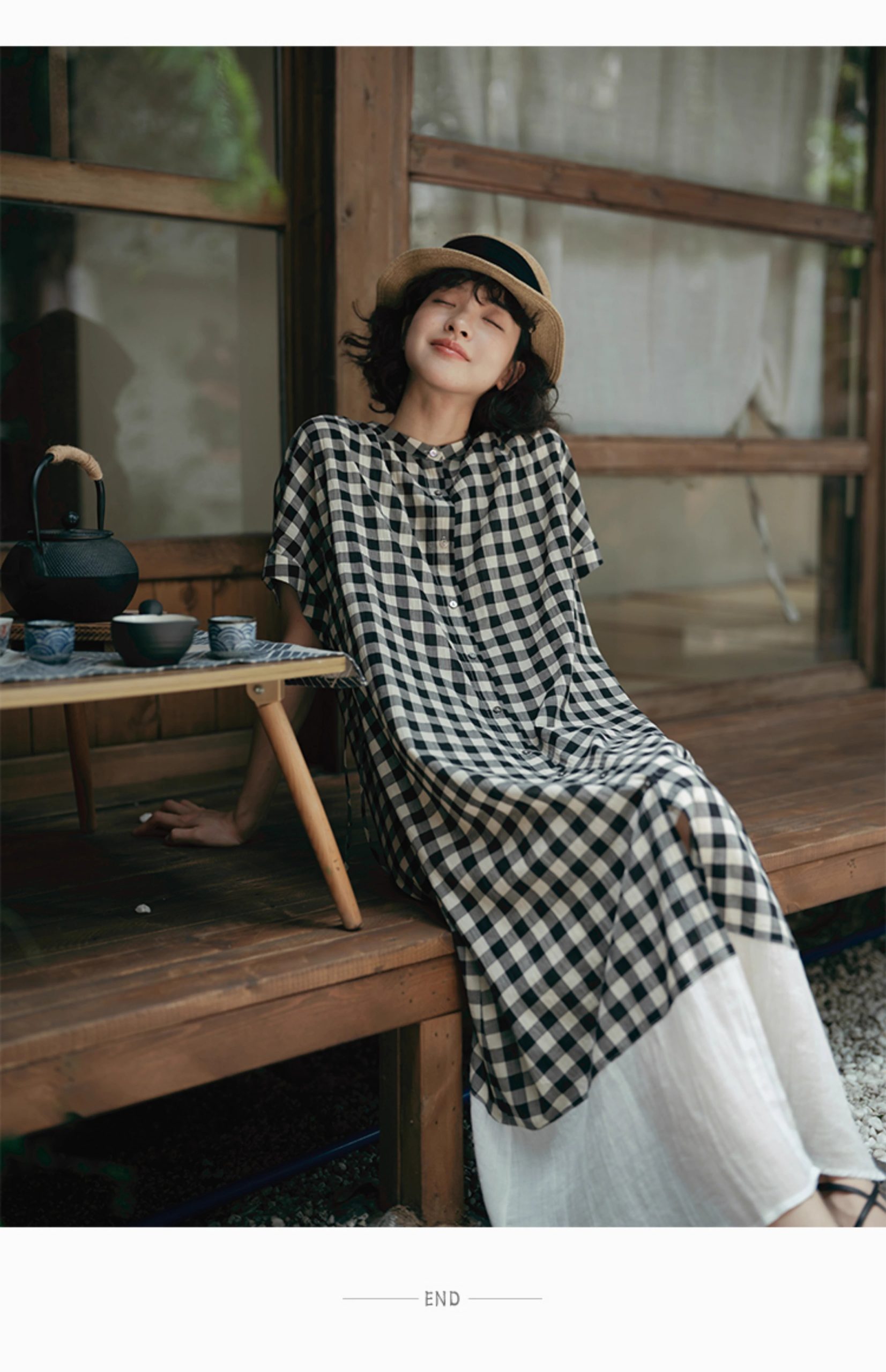 【現貨】日系格子圓領拼接連衣裙 休閒鬆弛感