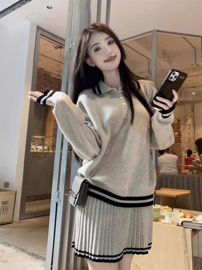 減齡polo領寬鬆針織套裝 長袖毛衣 百褶半身短裙  顯瘦顯白兩件套