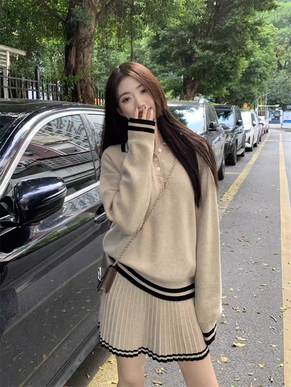 減齡polo領寬鬆針織套裝 長袖毛衣 百褶半身短裙  顯瘦顯白兩件套