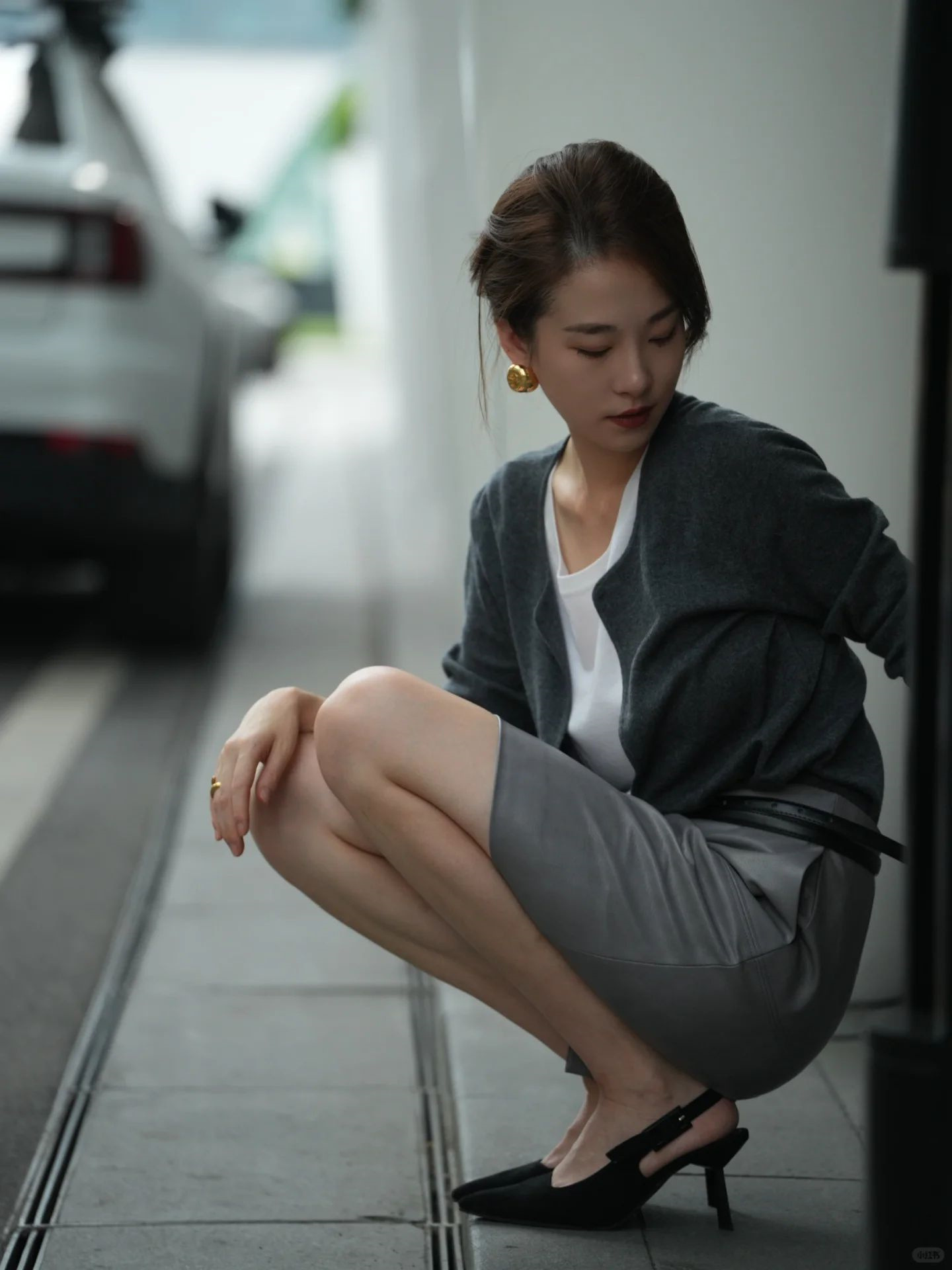 輕熟小香風 針織長袖假兩件上衣 韓系半身皮裙 格雷系套裝 贈皮帶