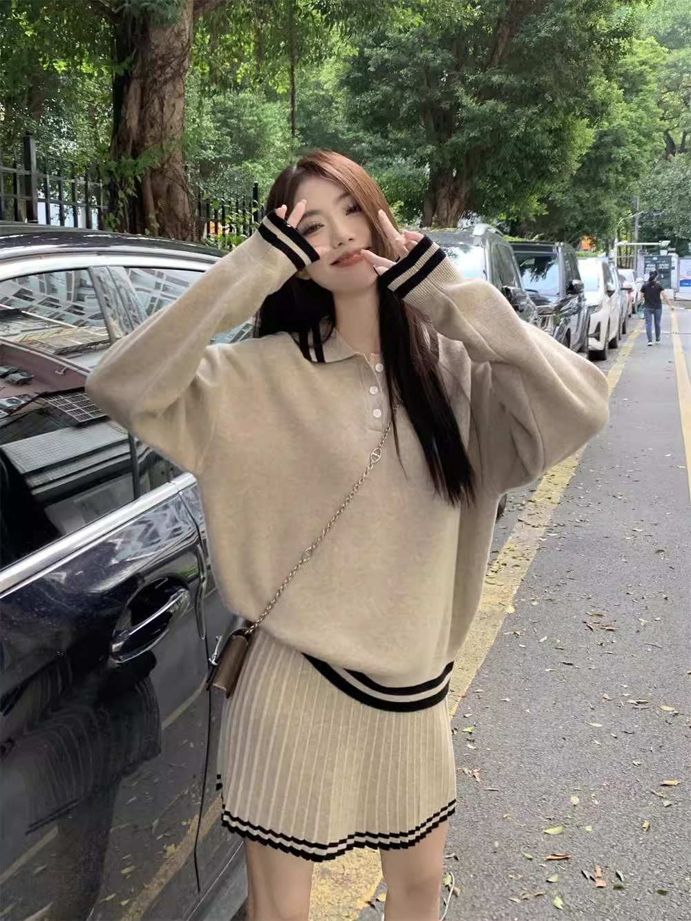 減齡polo領寬鬆針織套裝 長袖毛衣 百褶半身短裙  顯瘦顯白兩件套