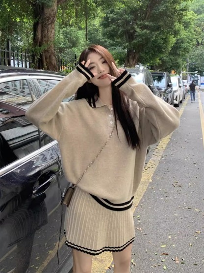 減齡polo領寬鬆針織套裝 長袖毛衣 百褶半身短裙  顯瘦顯白兩件套