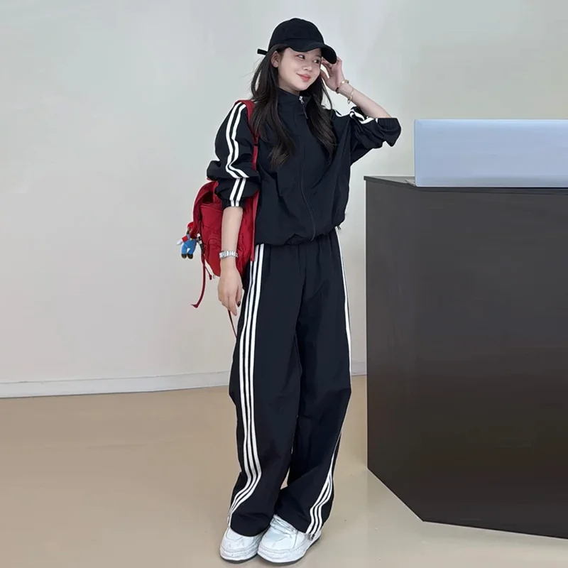 美式休閒風黑色套裝｜立領寬鬆外套+高腰闊腿褲