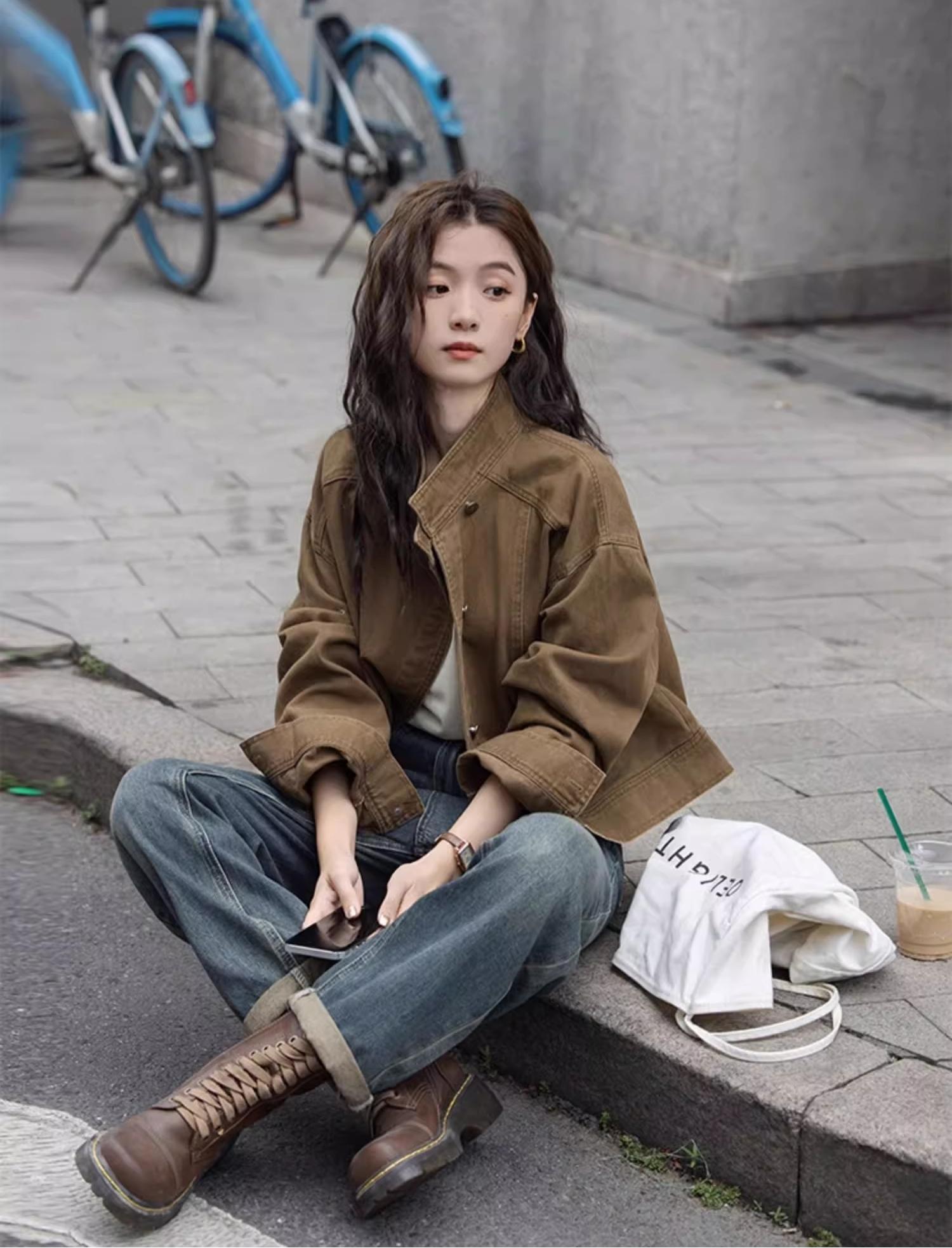 【現貨】復古茶咖色  巴恩風工裝夾克上衣 牛仔短外套 高品質