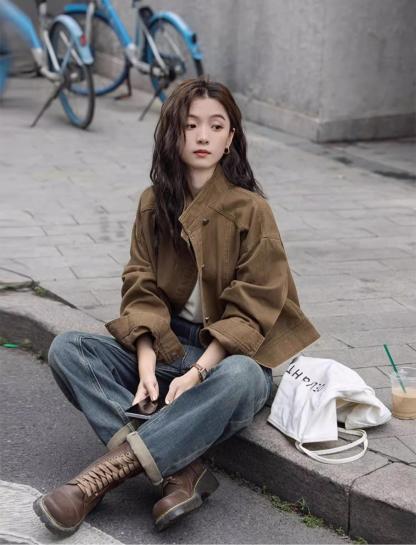 【現貨】復古茶咖色  巴恩風工裝夾克上衣 牛仔短外套 高品質