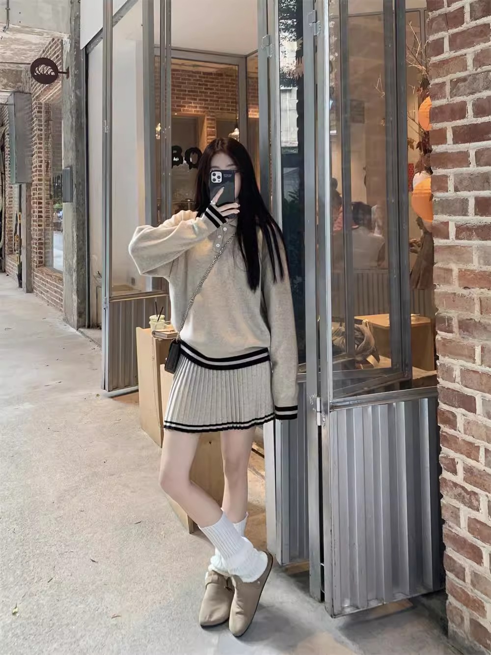 減齡polo領寬鬆針織套裝 長袖毛衣 百褶半身短裙  顯瘦顯白兩件套