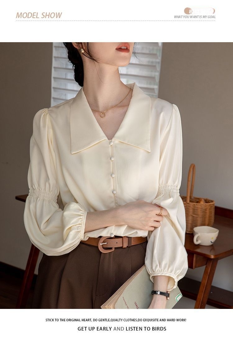 燈籠袖杏色襯衫 法式復古襯衣 OL通勤上衣