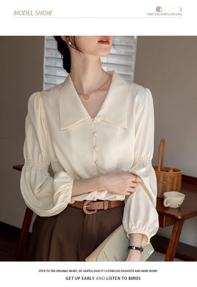 燈籠袖杏色襯衫 法式復古襯衣 OL通勤上衣