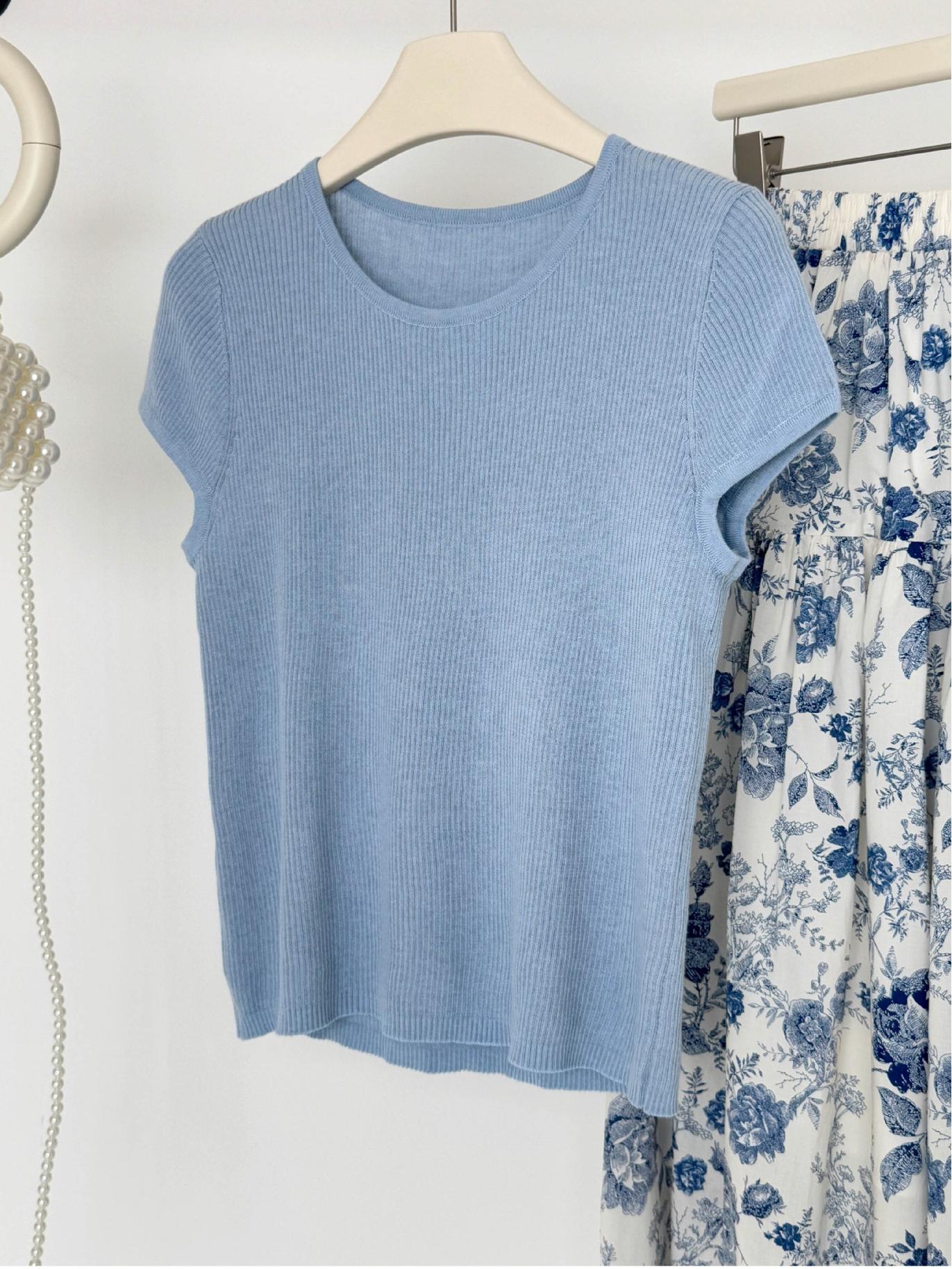 法式復古水墨畫碎花半身裙+冰絲針織上衣兩件套 夏季休閒套裝