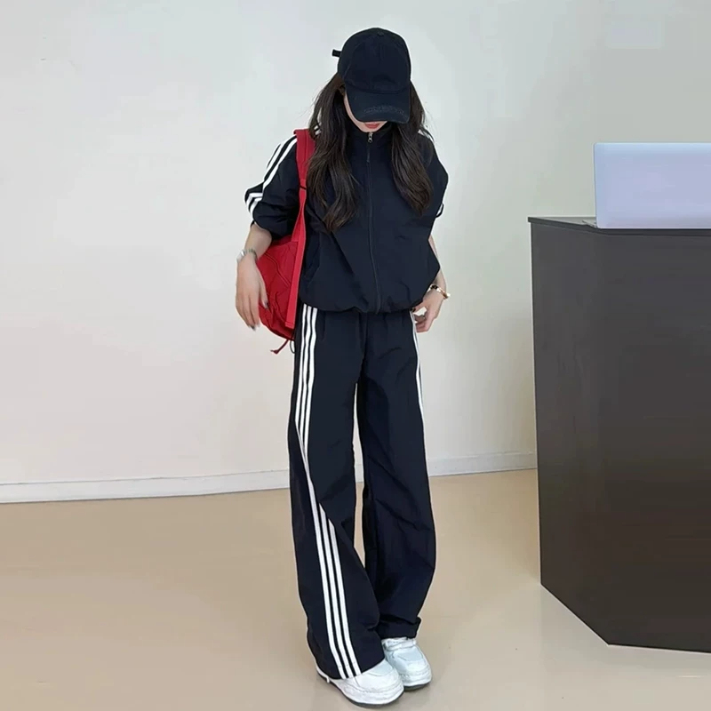 美式休閒風黑色套裝｜立領寬鬆外套+高腰闊腿褲