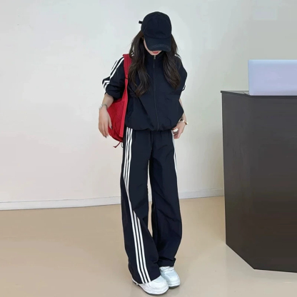 美式休閒風黑色套裝｜立領寬鬆外套+高腰闊腿褲