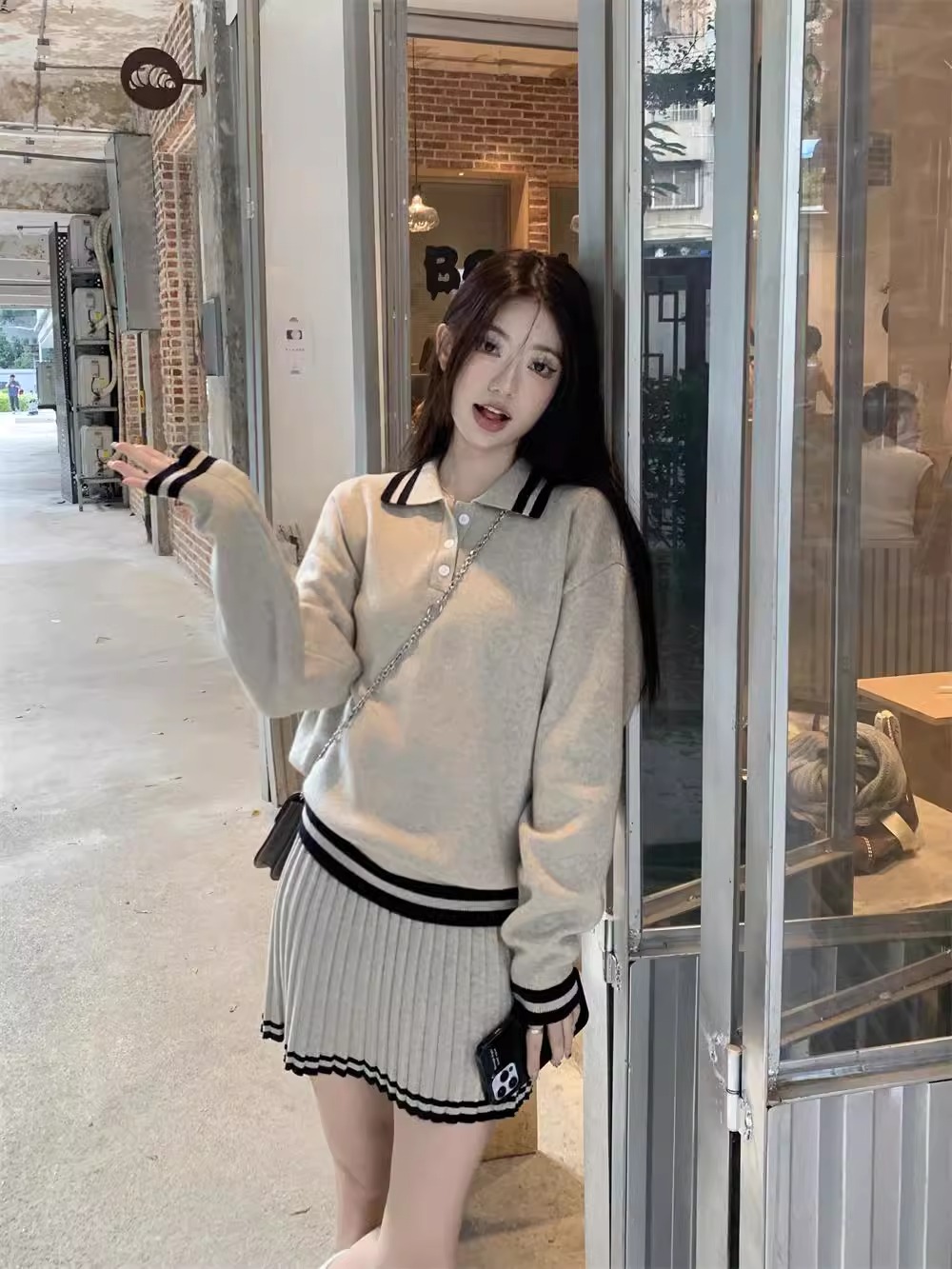 減齡polo領寬鬆針織套裝 長袖毛衣 百褶半身短裙  顯瘦顯白兩件套