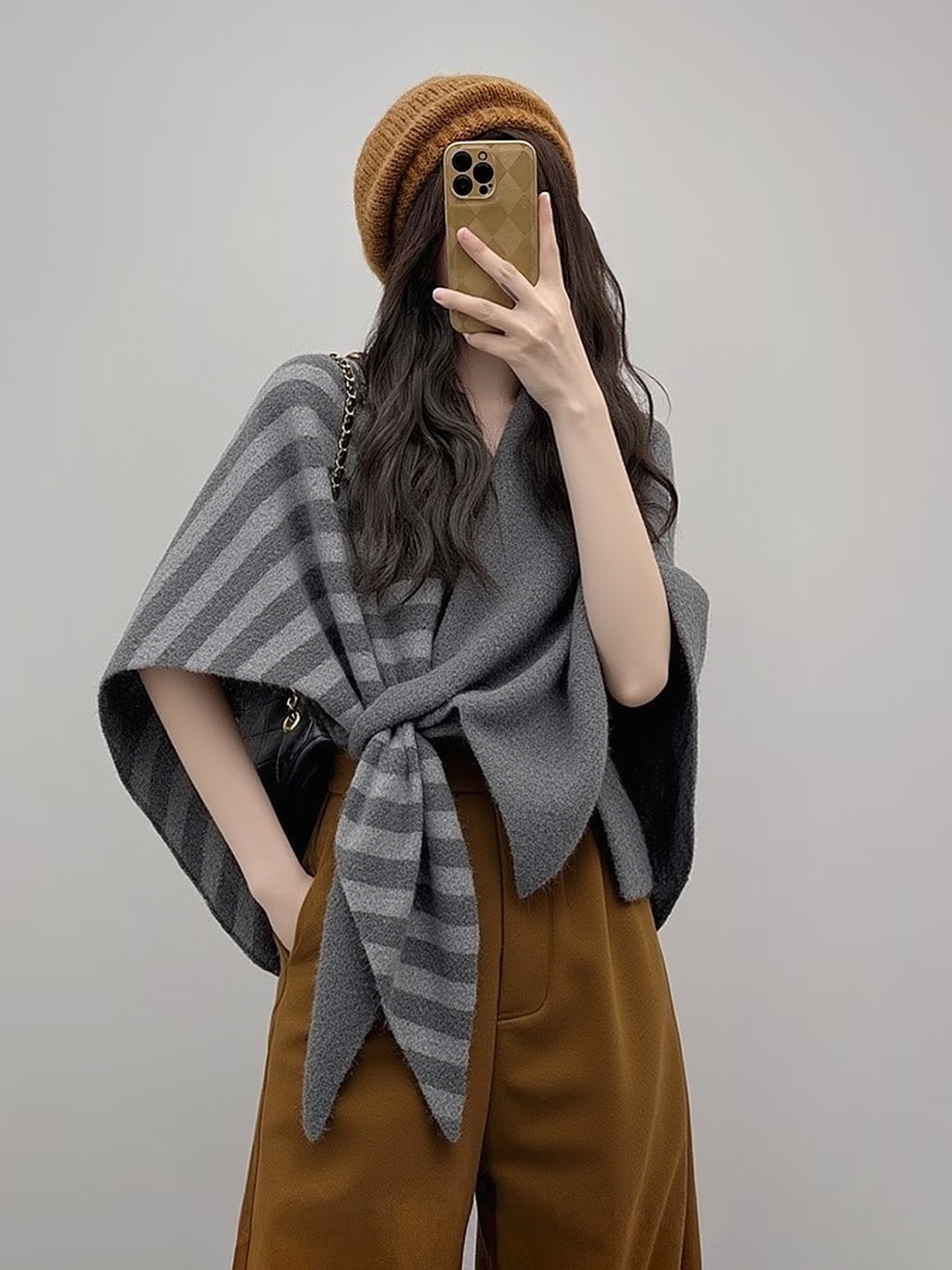 法式慵懶風｜羊毛混紡條紋圍巾披肩｜保暖百搭