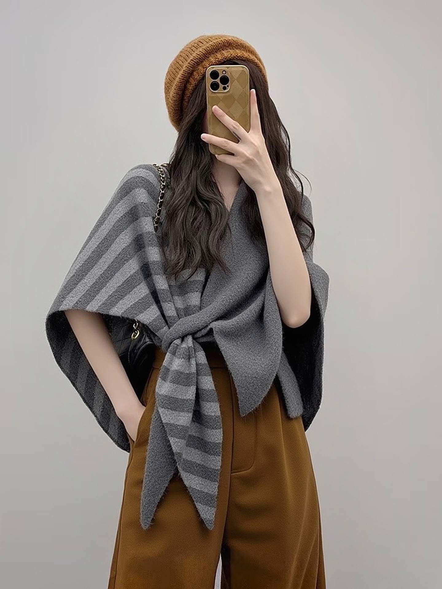 法式慵懶風｜羊毛混紡條紋圍巾披肩｜保暖百搭