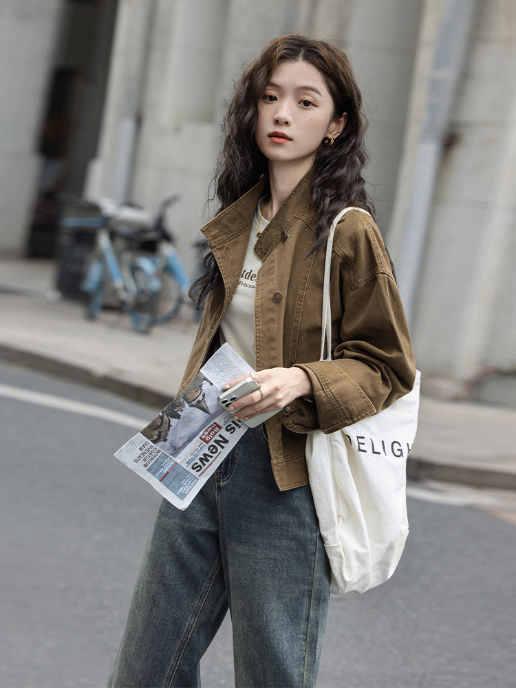 【現貨】復古茶咖色  巴恩風工裝夾克上衣 牛仔短外套 高品質