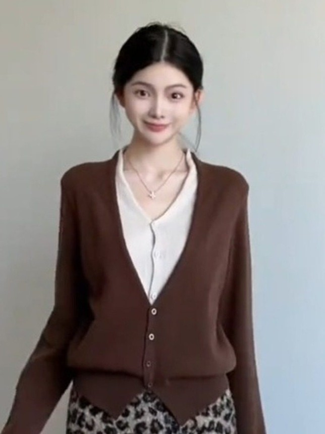 美拉德咖色假兩件針織衫 豹紋短裙套裝 2026超火顯腿長一整套