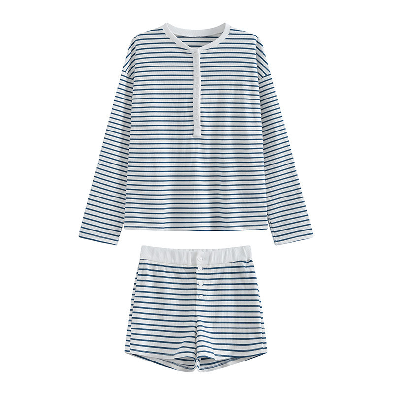 春夏慵懶風條紋套裝｜黑白寬鬆長袖T恤 + 高腰直筒短褲｜休閒顯瘦兩件組