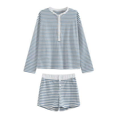 春夏慵懶風條紋套裝｜黑白寬鬆長袖T恤 + 高腰直筒短褲｜休閒顯瘦兩件組