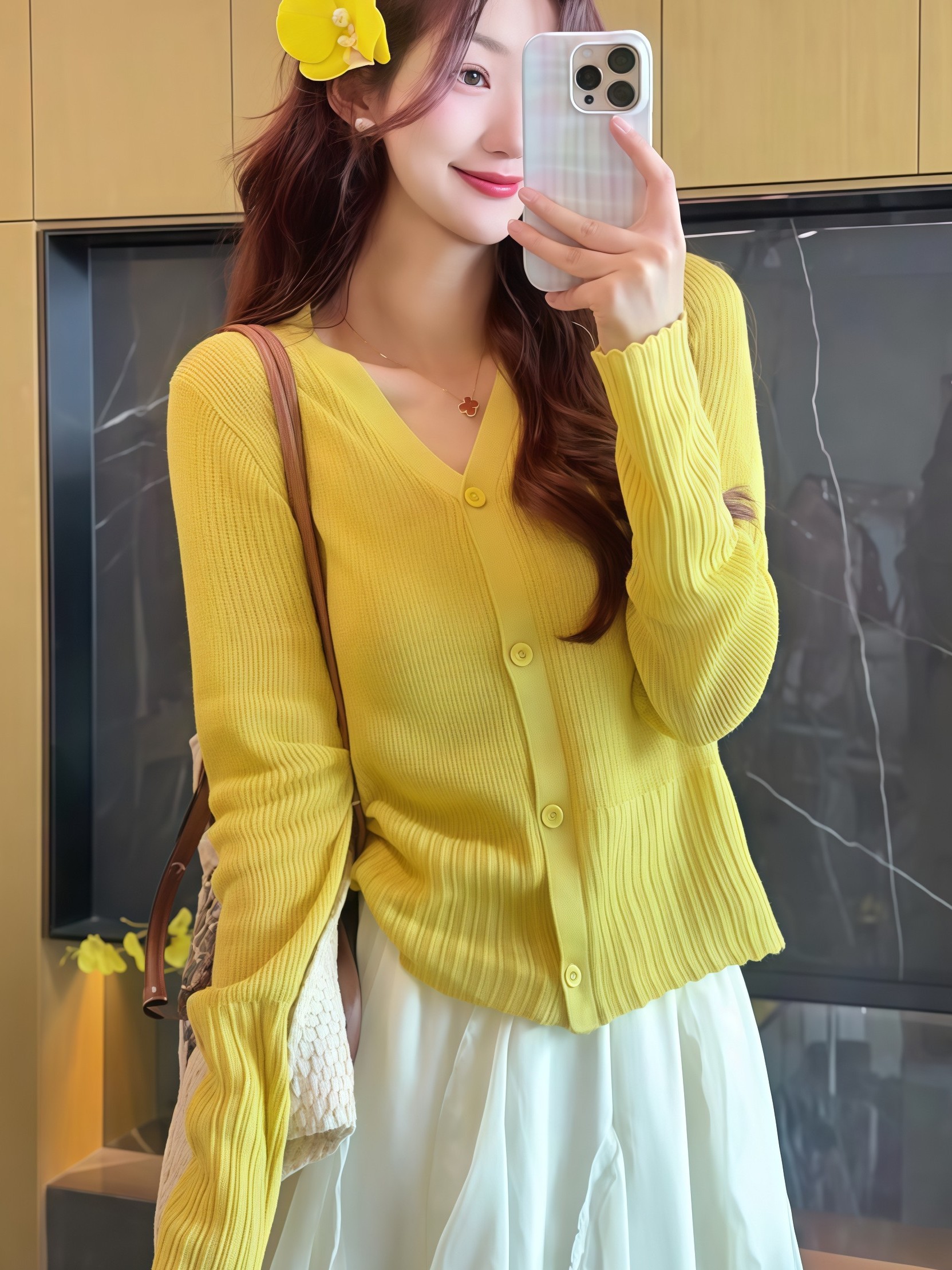 026 早春韓系溫柔兩件套 | 檸檬黃針織 V 領開衫 | 白色不規則荷葉邊長裙