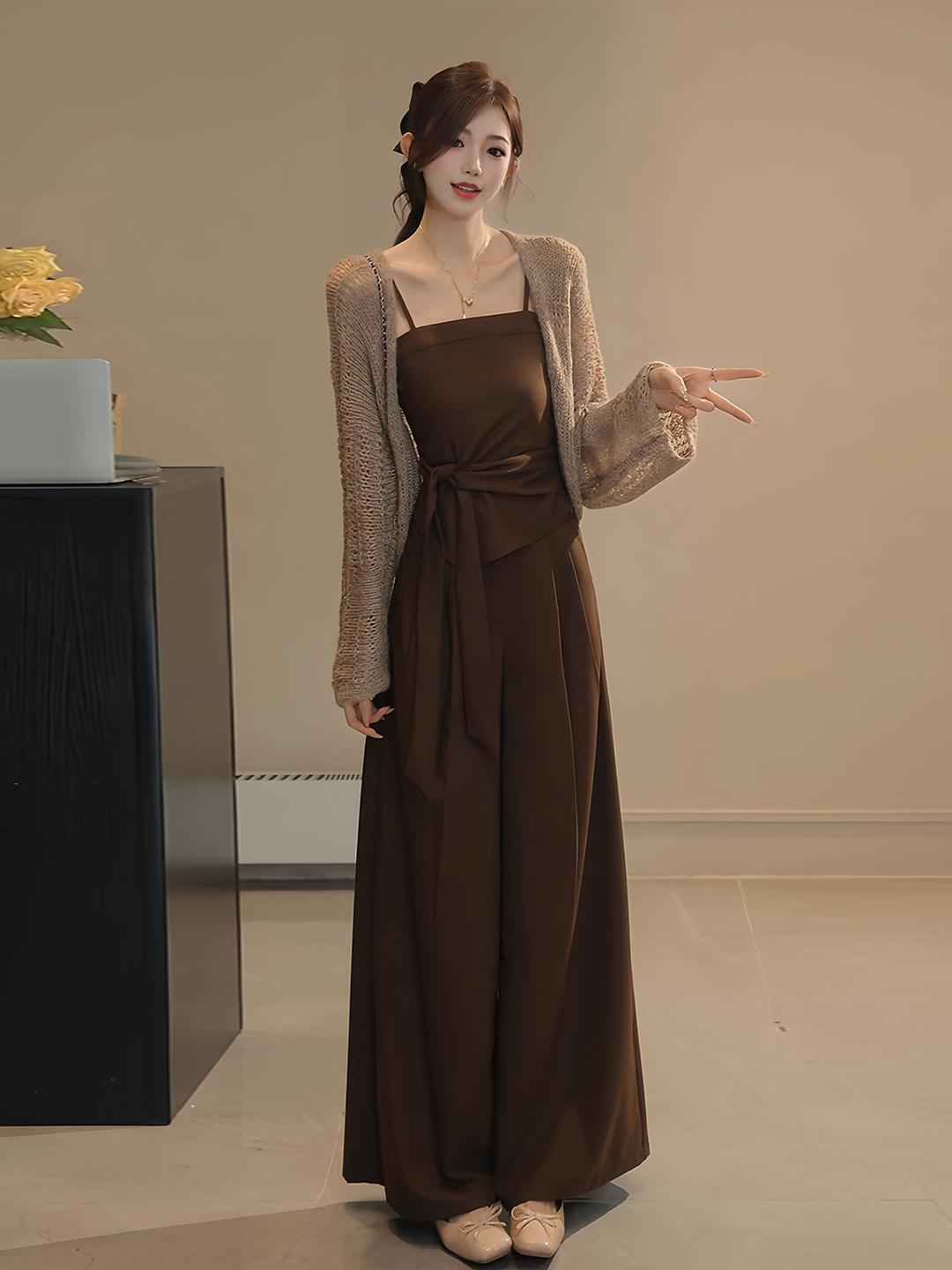 早秋美拉德套裝丨燕麥開衫丨吊帶上衣+同色長褲丨復古溫柔感三件套
