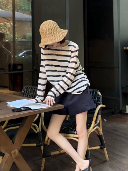 爆款100%天絲面料針織衫 撞色條紋防曬罩衫 復古純棉闊腿短褲