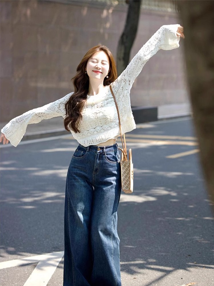 法式鏤空針織上衣 闊腿牛仔褲