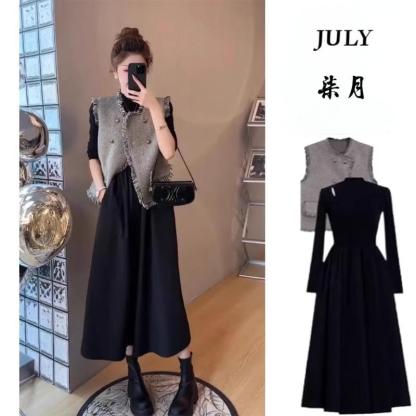 小香風背心馬甲 黑色洋裝套裝 復古輕奢顯瘦