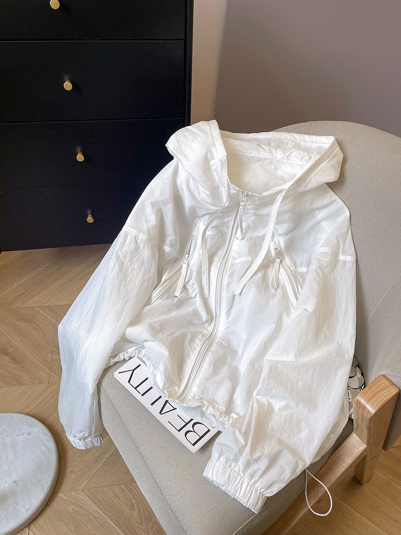 白色薄款防曬衣 女夏季抽繩連帽寬鬆風衣 透氣長袖上衣外套