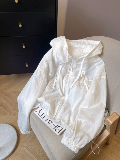 白色薄款防曬衣 女夏季抽繩連帽寬鬆風衣 透氣長袖上衣外套